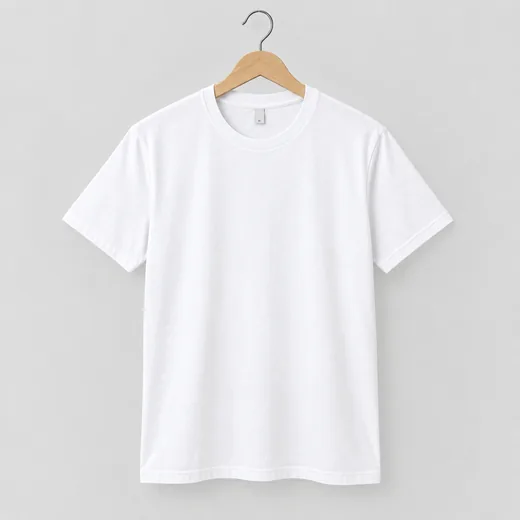 The t-shirt on a wooden hanger, showing how the fabric falls